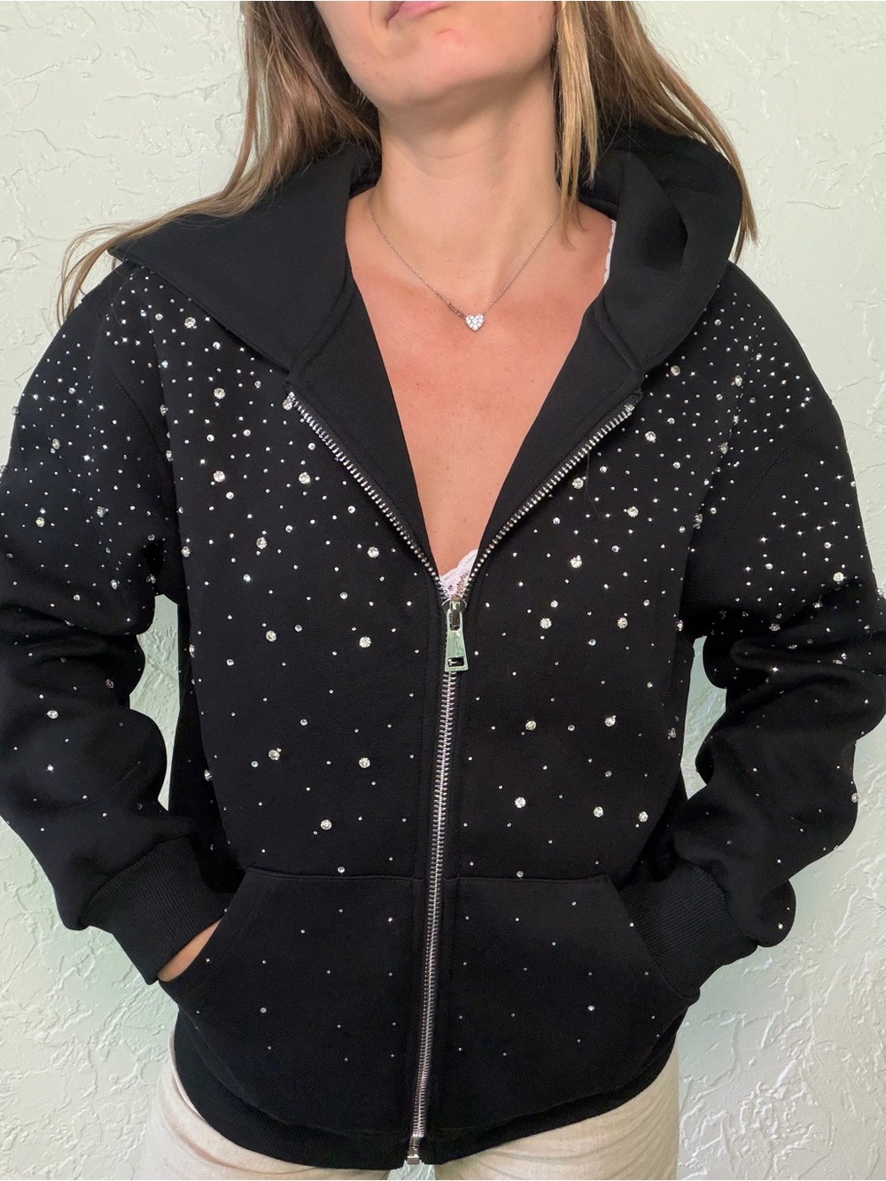 Black Rhinestone Zip-Up Hoodie with Rhinestones